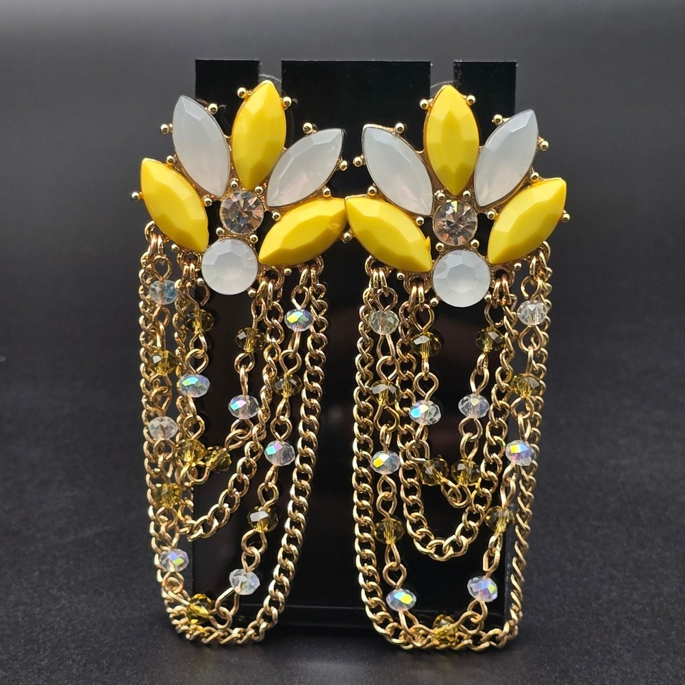 Yellow Rhinestone Chain Earrings Dangle Flower - Picture 8 of 8